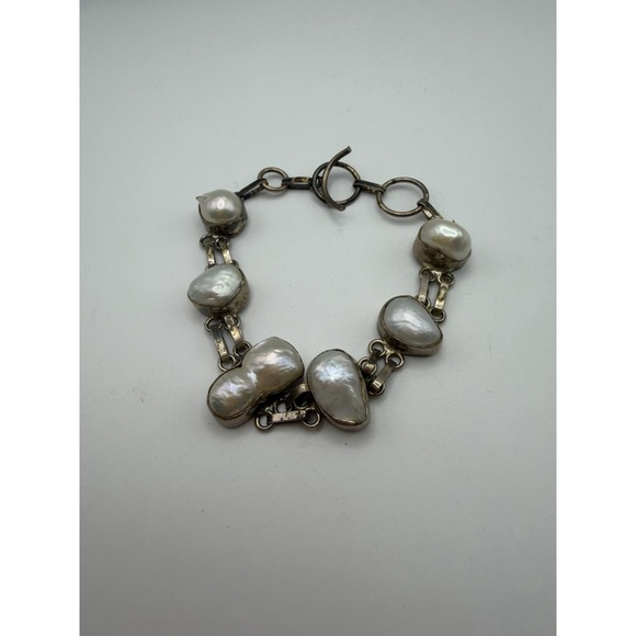 Vintage Sterling Silver 925 Blister Pearl Bracelet and Necklace Set Artisan Boho - Picture 2 of 8